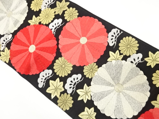 JAPANESE KIMONO / ANTIQUE FUKURO OBI / SILK / WOVEN KIKU WITH PINE & MAPLE